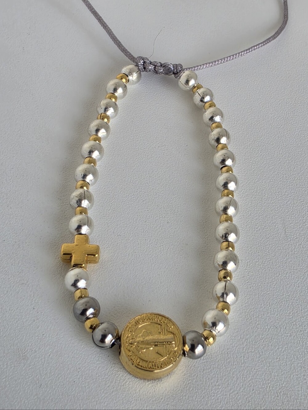 Two-Tone Gold & Silver Bead Necklace with Gold Cross and Medallion